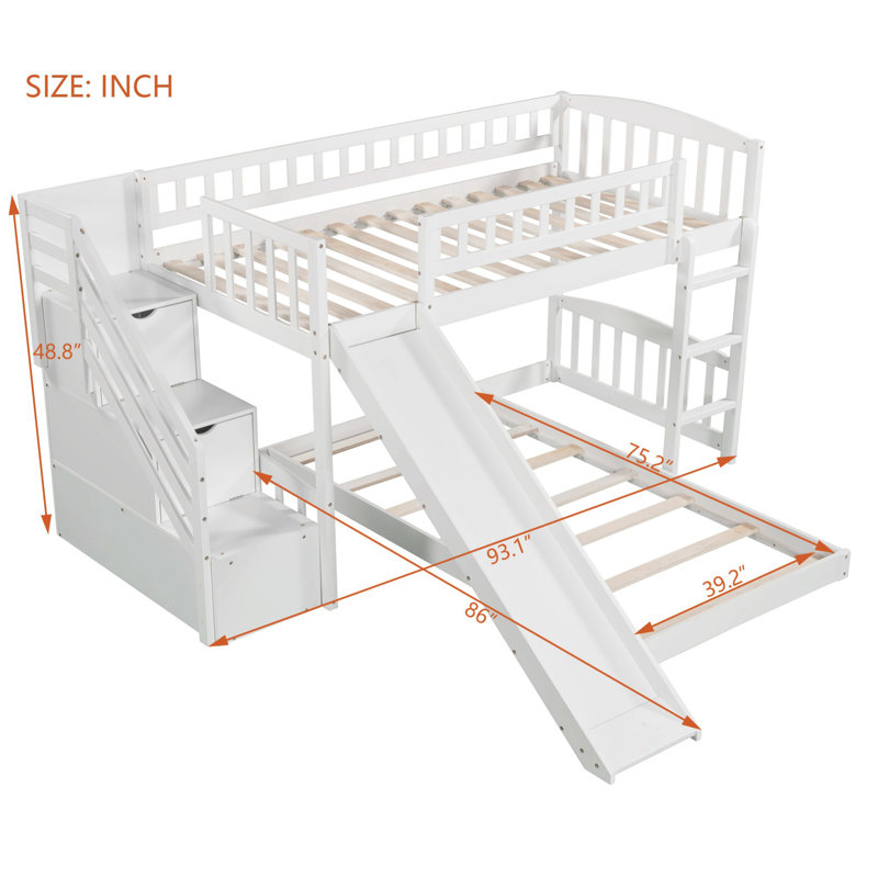 Lit superposé simple au-dessus de simple avec deux tiroirs et glissière pour chambre à coucher Stairway, Blanc