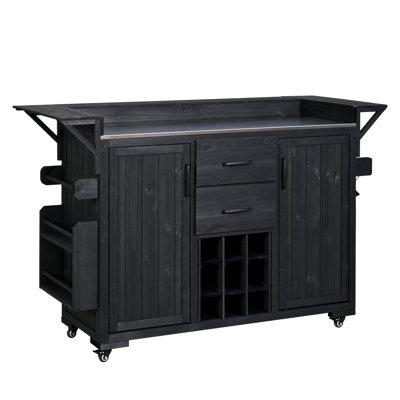 60" Rolling Outdoor Kitchen Island With Stainless Steel Top, Wood BBQ Prep Cart With Wine Rack & Drawers
