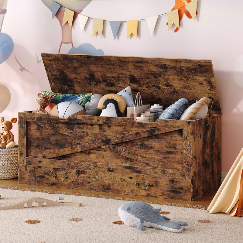 Toy Chest, 47.2" Storage Chest with Drawer and Pull Handles, Wooden Storage Bench with Lift Top, Storage Trunk, Rustic Brown
