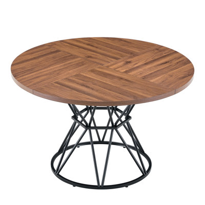 Round Dining Table, 47.3" Diameter, Hourglass Shaped Black Metal Brackets, Dining Table For 4-6 Seats
