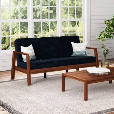 Mid-Century moderne en velours bleu marine avec structure en bois et 3 bases en bois