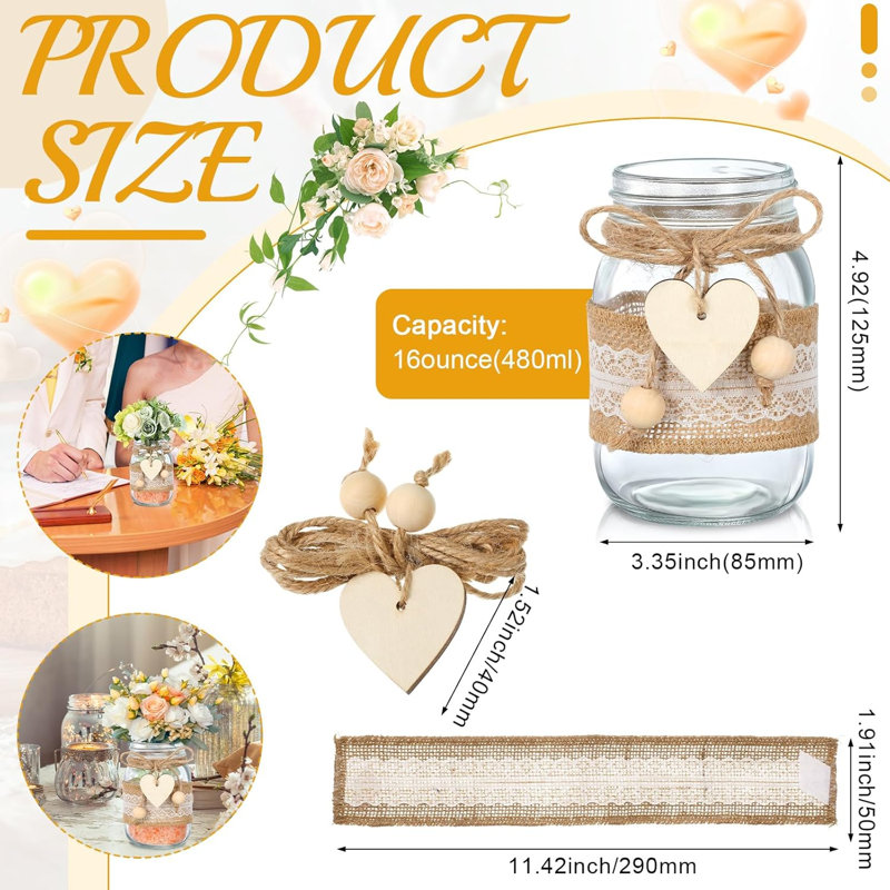 Centre de table 12 pièces Mason Jar avec dentelle et corde de chanvre