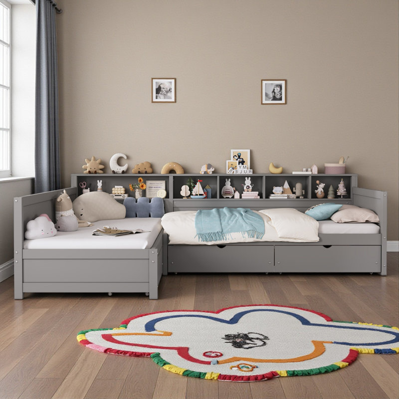 L-Shaped Daybed With Built-In Storage Shelves & Under-Bed Drawers, Gray