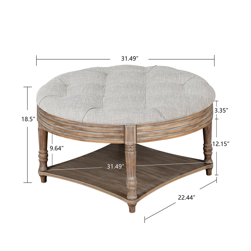 Large round ottoman coffee table in light grey, 2-tier design with button tufted top & wood storage shelf