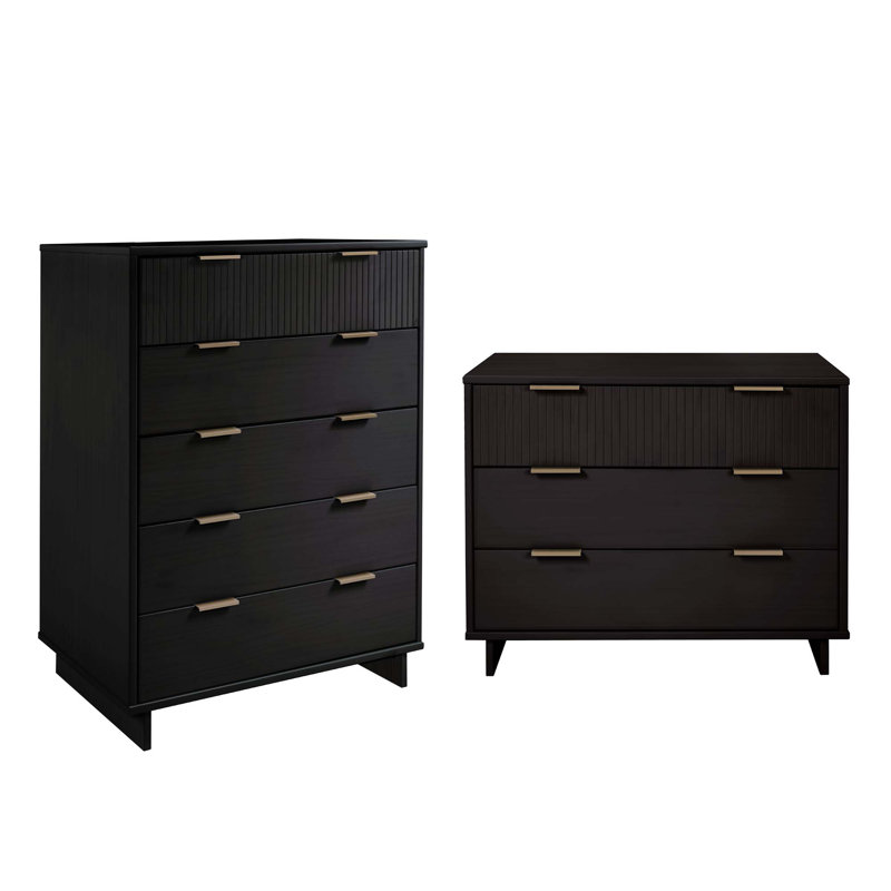 Ensemble de chambre à coucher en bois massif avec commode et commode 2 pièces Granville, Noir
