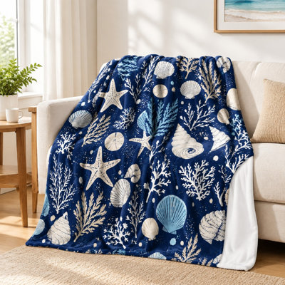 1Pcs Marine Life Print Flannel Blanket - Single-Sided;Cozy and WarmMachine WashablePerfect for Bedding Sofa DecorationIdeal Beach-Themed Room DecorA Thoughtful Gift Ocean Lovers. Bedding and sofa items