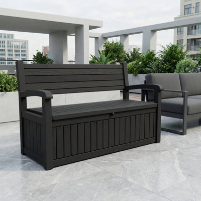 Banc de rangement verrouillable à grain de bois 80 gallons, résine résistante à l'eau