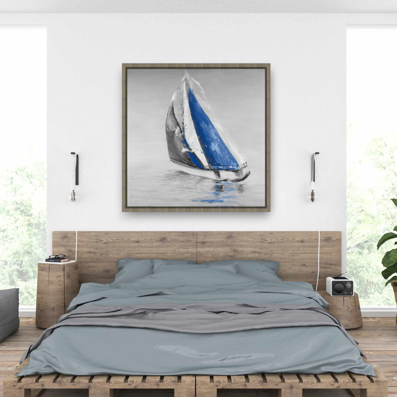 Toile encadrée grise et bleue avec bateau à voile | Mer, Bleu / blanc / gris