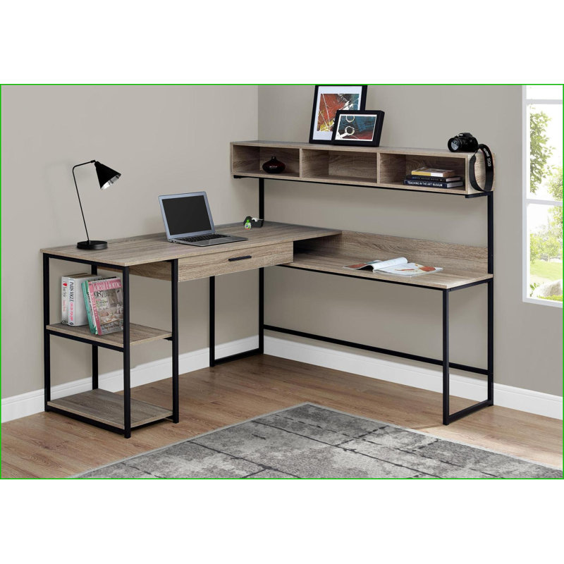 Bureaux: bureau de coin en L 59 po avec rangement moderne, aspect bois taupe foncé, métal noir | Panneau de fibres à densité moyenne | Taupe