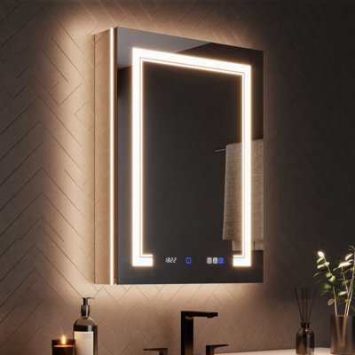  Armoire à pharmacie encastrée ou sans cadre à DEL de 24 po x H 32 po avec miroir et USB, prise de courant, miroir grossissant, désembueur, tablettes réglables