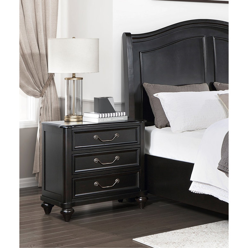 Table de chevet de chambre à coucher en brun anthracite, 3 tiroirs et beau grain traditionnel brun avec un style envoûtant