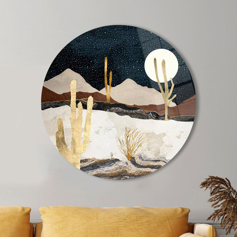 Starry Night Sky And Abstract Desert Landscape Printed On Glass Wall Art For Home Decoration, 35.4" H x 35.4" W