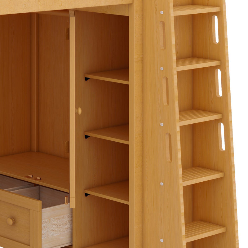 Lit mezzanine avec armoire, tiroirs et éclairage d'ambiance pour chambres peu encombrantes, Lit double, Bois