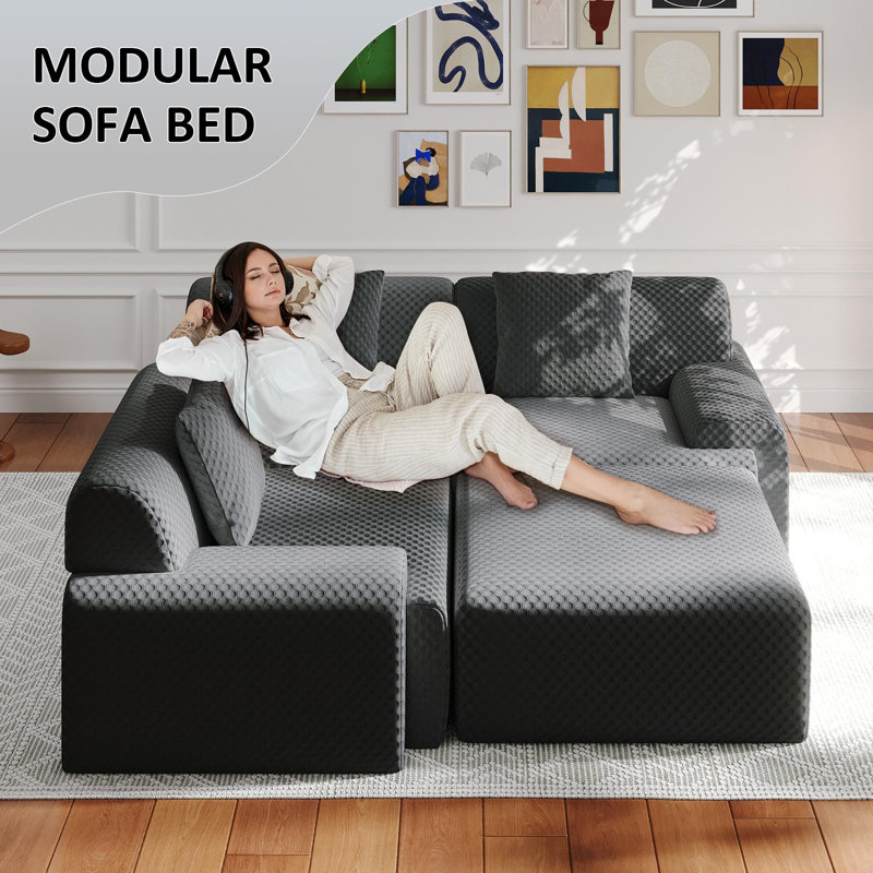 113'' 4-piece Modern Upholstered L-shape Sectional Sofa With Ottoman- Premium Fabric, Gray