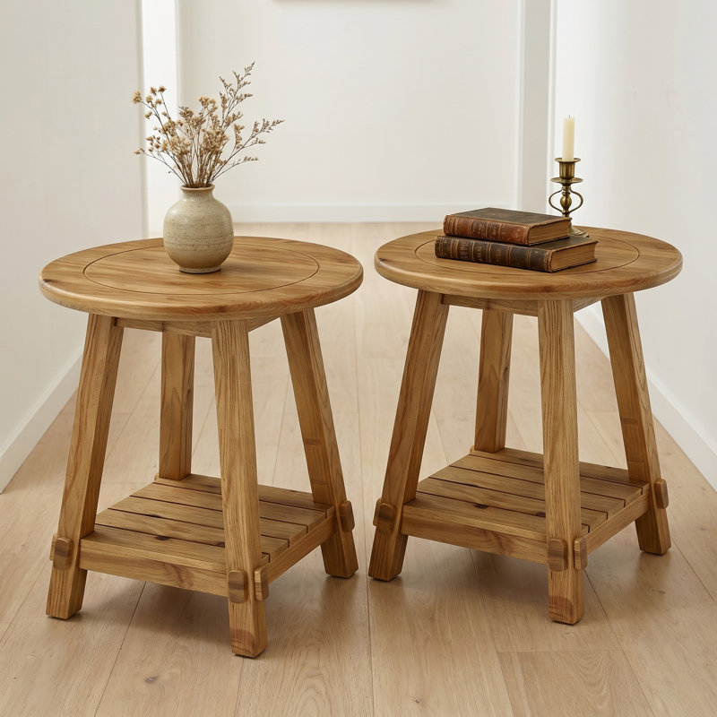2-Tier Solid Wood Round End Table, Set of 2