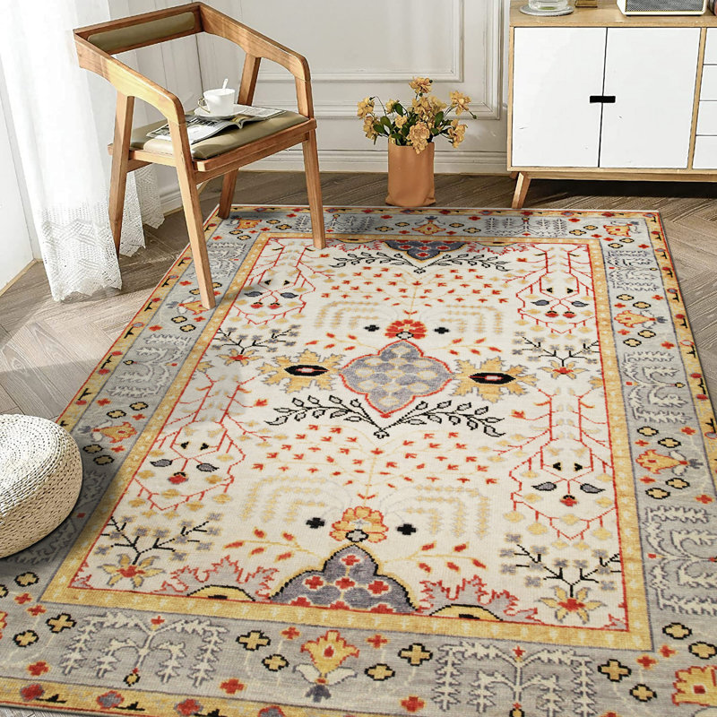 Tapis d'intérieur gris en laine noué à la main de style oriental classique élégant et durable Manolya, 6x9