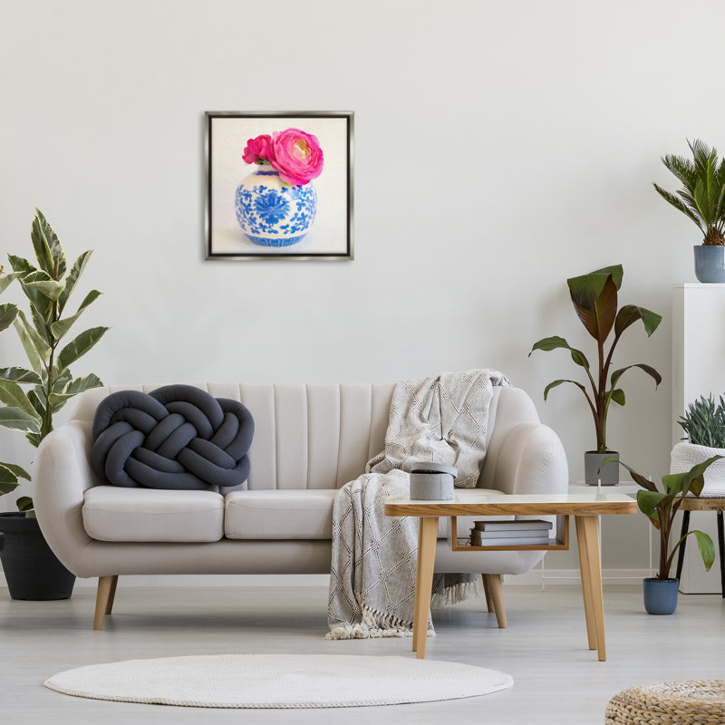 "Cadre fleuri et vase flottant rose" sur, Cadre flottant gris lustré, H 25 po x l 25 po