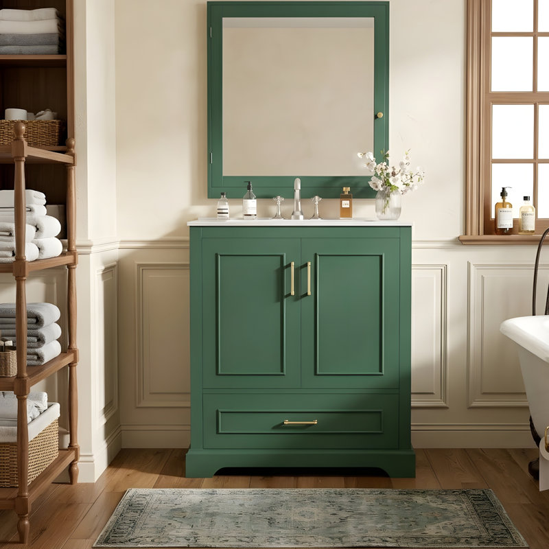 Meuble-lavabo moderne avec lavabo en céramique, Vert, 28"