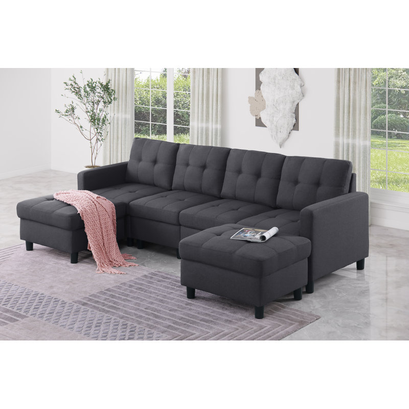 Kentrell 6-Piece Upholstered U-Shape Sectional Sofa With Ottoman, Dark Gray