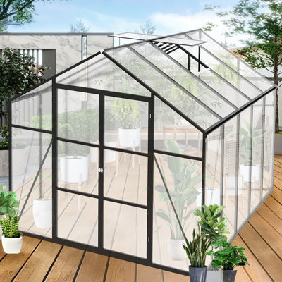 Serre toutes saisons de 8 pi x 10 pi - structure en aluminium, revêtement en polycarbonate, espace de protection, espace de plantation spacieux, installation facile, drainage efficace pour les espaces extérieurs