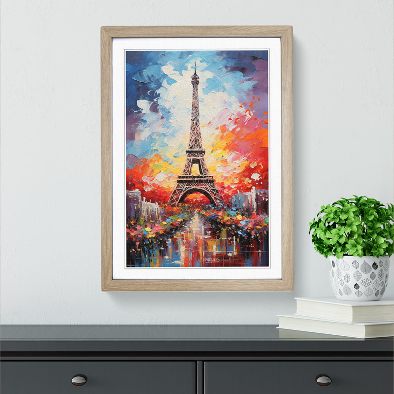 Eiffel Tower Action Painting No.3 - Single Picture Frame Print on Wood, Oak Framed, 64cm H x 46cm W
