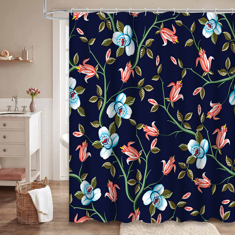 Rideau de douche imperméable à motif floral rétro avec 12 crochets, L 72 po x l 84 po