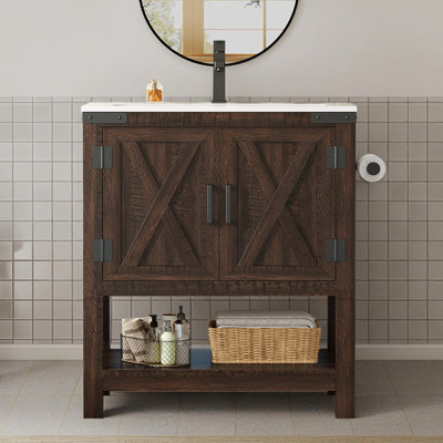 Meuble-lavabo simple Chimira 30 po de style ferme avec rangement, brun rustique