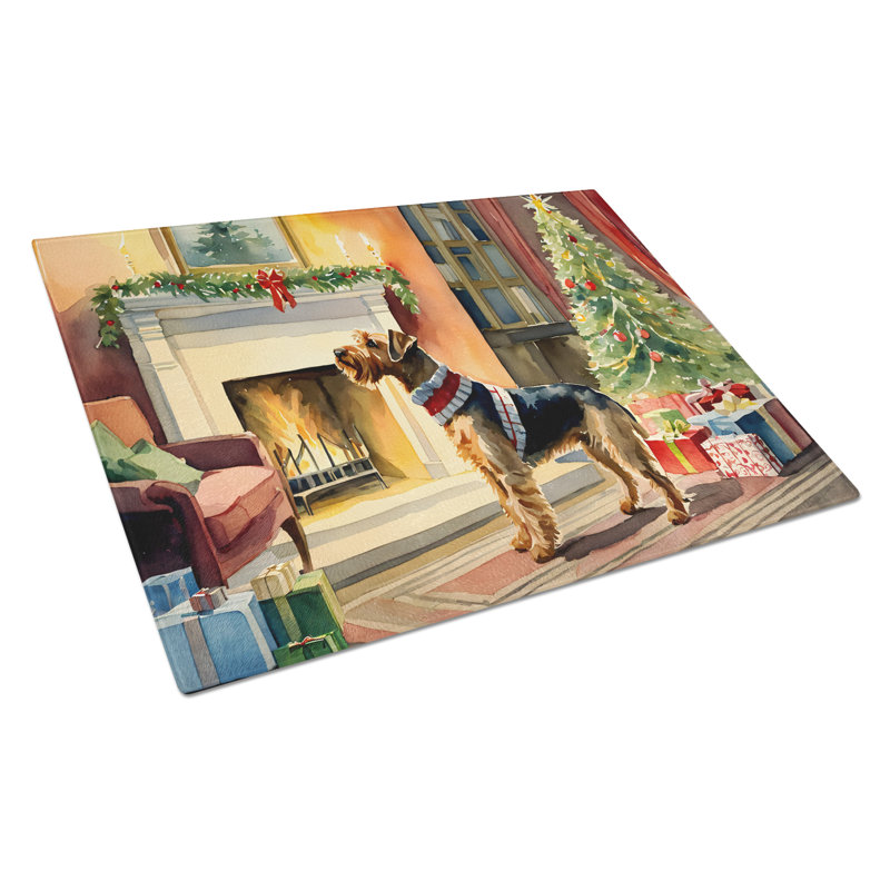 Grande planche à découper en verre Airedale Terrier Cozy Christmas