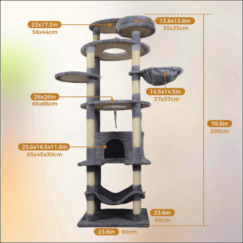Tour pour arbre à chat avec base large, grand condo, 12 poteaux à griffer en sisal, grand hamac, plateforme supérieure, perchoir et jouet interactif