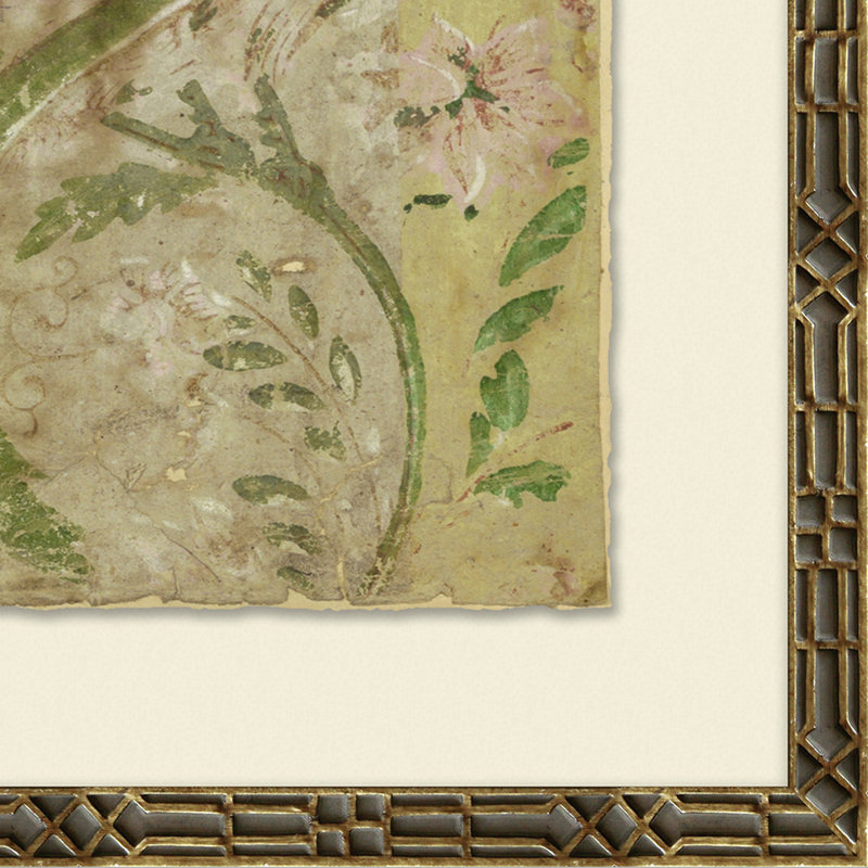 «Antique Birds and Flower Design» - Peinture encadrée sur papier, Or