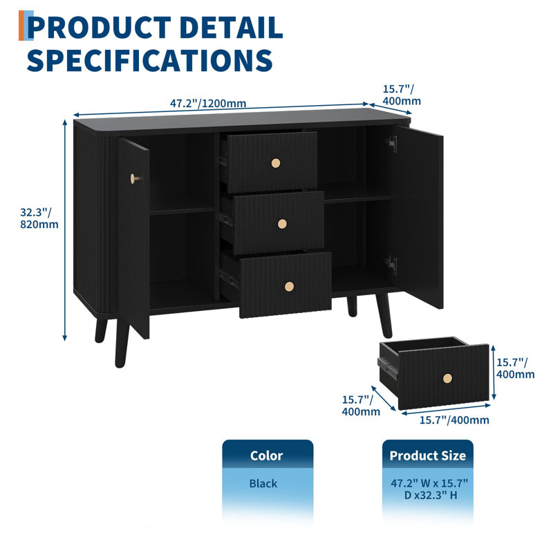 Buffet 47 po avec tiroirs, armoire d'appoint cannelée avec 2 portes et 3 tiroirs, crédence moderne pour entrée, cuisine, salon - noir