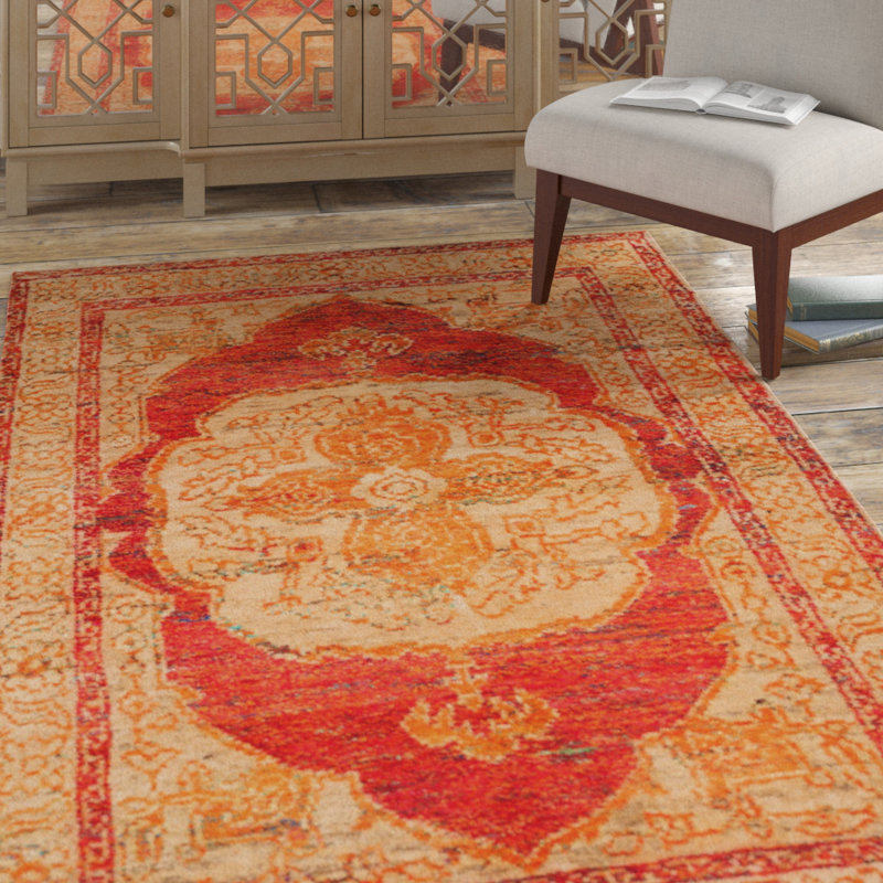 Tapis oriental rouge / orange / beige en viscose et jute noué à la main Artesia, Rectangle 8 pi x 10 pi
