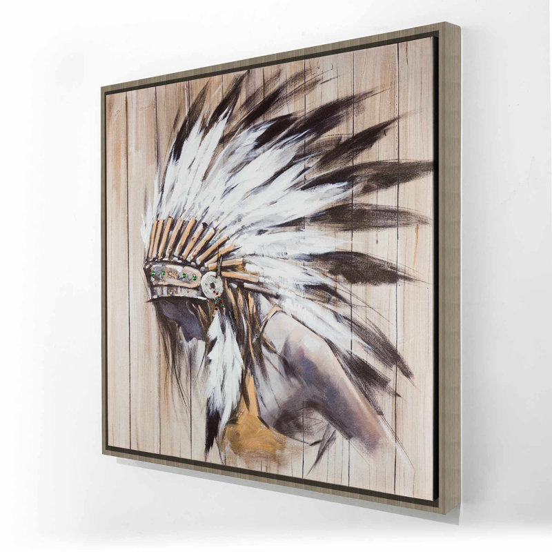 Indian with Feathers - Figurative White Framed Canvas Art
