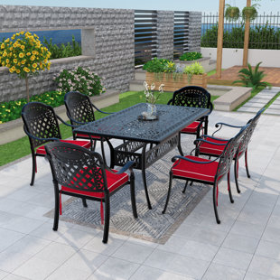 Ensemble repas d'extérieur 7 pièces en fonte d'aluminium avec table rectangulaire et coussins de siège de couleur aléatoire