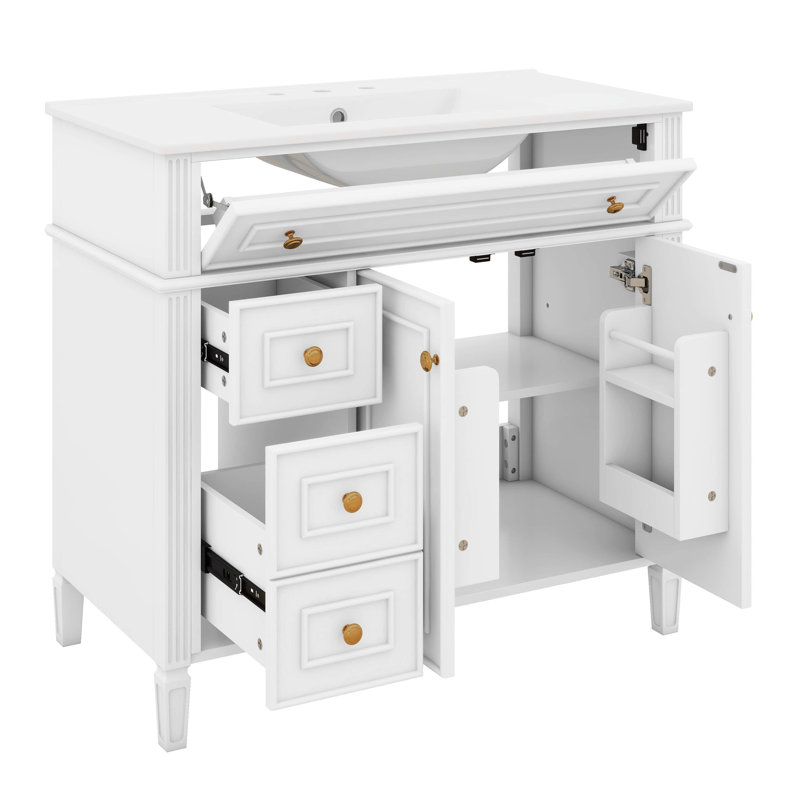 Meuble-lavabo en bois 36 po avec lavabo, ensemble de meuble-lavabo autoportant avec tiroir basculant, 3 tiroirs et 2 portes