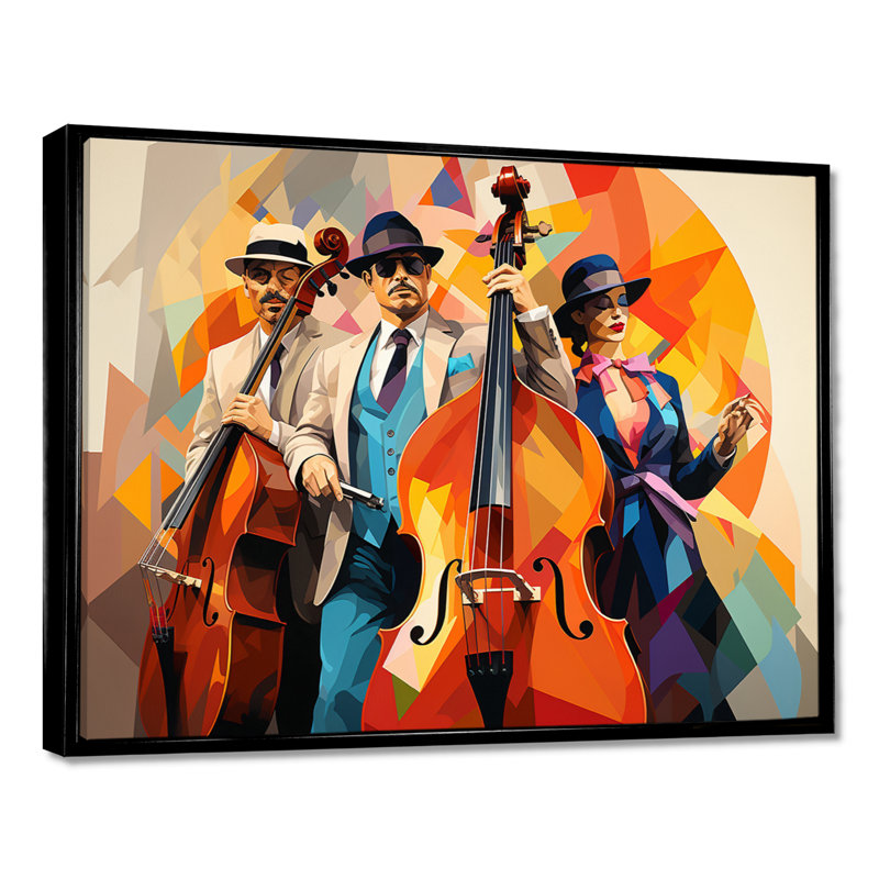 Jazz trio contrebasse et chanteur géométrique, Toile avec cadre flottant noir, H 24 po x l 32 po x P 1 po