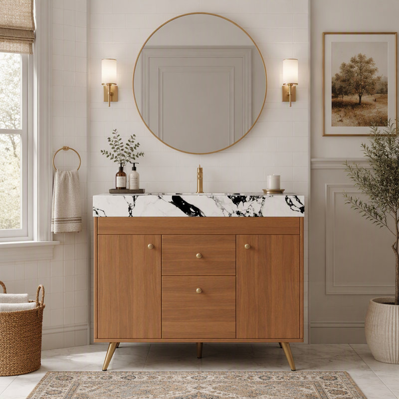 Meuble-lavabo moderne sur pied avec plateau en pierre frittée, lavabo en céramique et rangement astucieux, pour petites salles de bains et salles de bains principales.