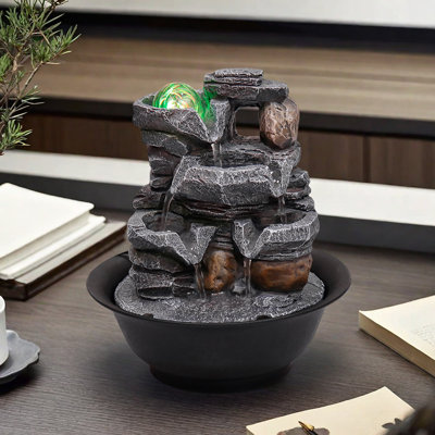 Fontaine cascade en résine 9,84 pouces avec boule Feng Shui Spinning - Décoration de bureau intérieure pour la maison et le bureau