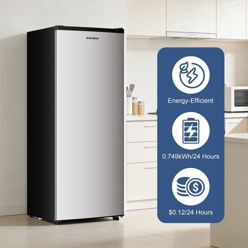 BANGSON 6.5 Cu.ft Upright Freezer, Stand up Freezer with Adjustable Thermostat, Removable Shelves, Reversible Single Door,Silver