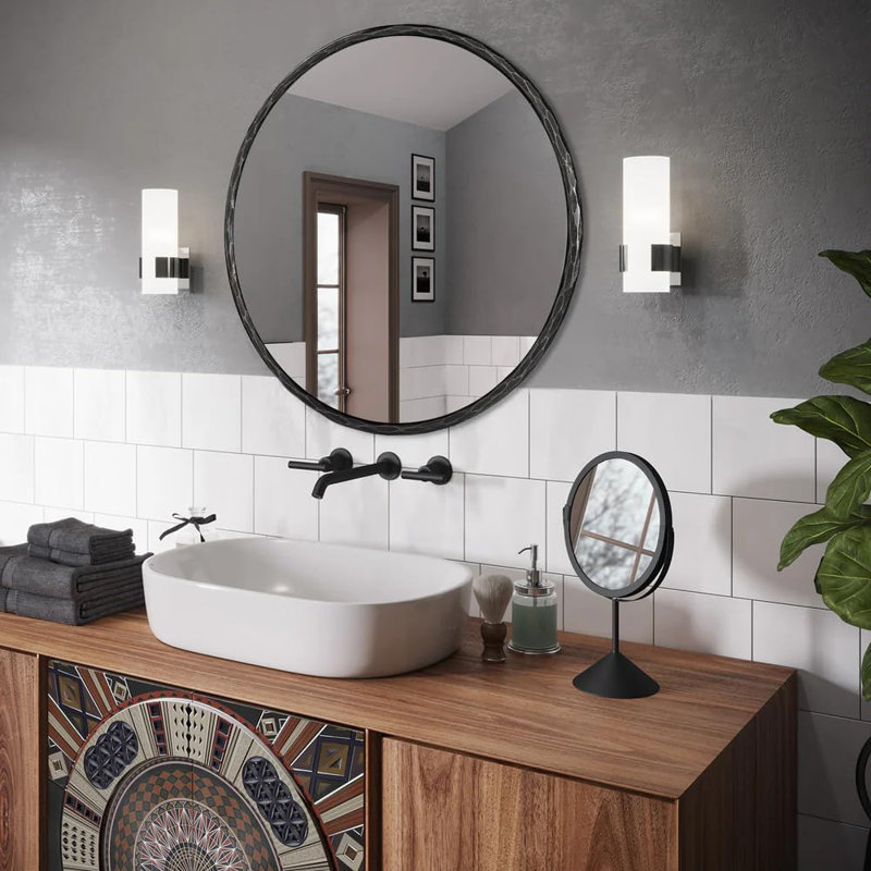 Vintage Round Bathroom Vanity Mirror | Hand-Hammered Iron Frame, Forged Black, 36" x 36"