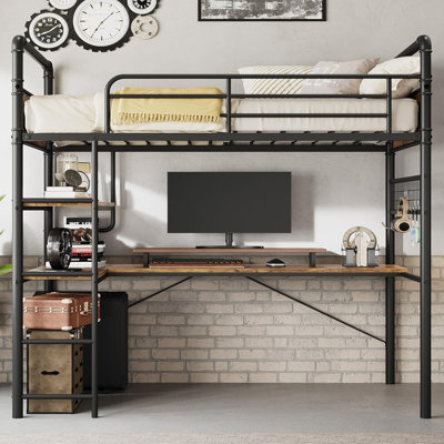 Lit superposé simple avec bureau en L, structure en métal, garde-corps et échelle, brun rétro
