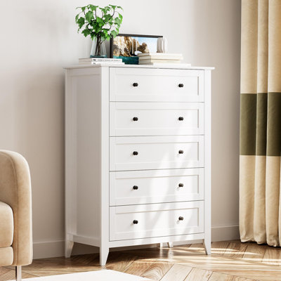Commode moderne à 5 tiroirs pour la chambre à coucher - Organisateur de commode haute en bois avec tiroirs de rangement profonds et boutons en métal - Idéal pour placard, chambre de bébé, appartement, salon - blanc