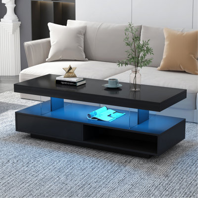 LED Coffee Table With Storage, Modern Centre Table With 2 Drawers And Display Shelves, Accent Furniture With LED Lights For Living Room,Black