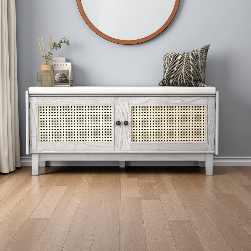 Boho Rattan Entryway Bench With Storage, Cushioned Shoe Bench With Double Doors, Wooden Shoe Organizer Bench For Entryway And Hallway