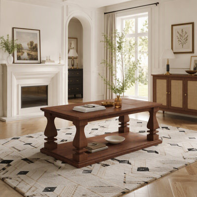 Farmhouse Coffee Table with Heavy Planked Top, Square Baluster Legs, and Storage Shelf for Rustic Living Room