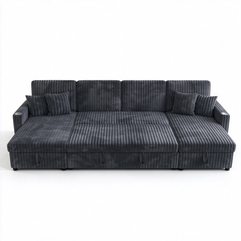 Très grand canapé-lit modulaire en forme de U 107 po en velours côtelé avec lit coulissant et chaises de rangement doubles, gris foncé