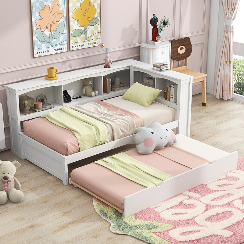 Lit de jour simple avec couchette, armoires de rangement et ports USB, blanc