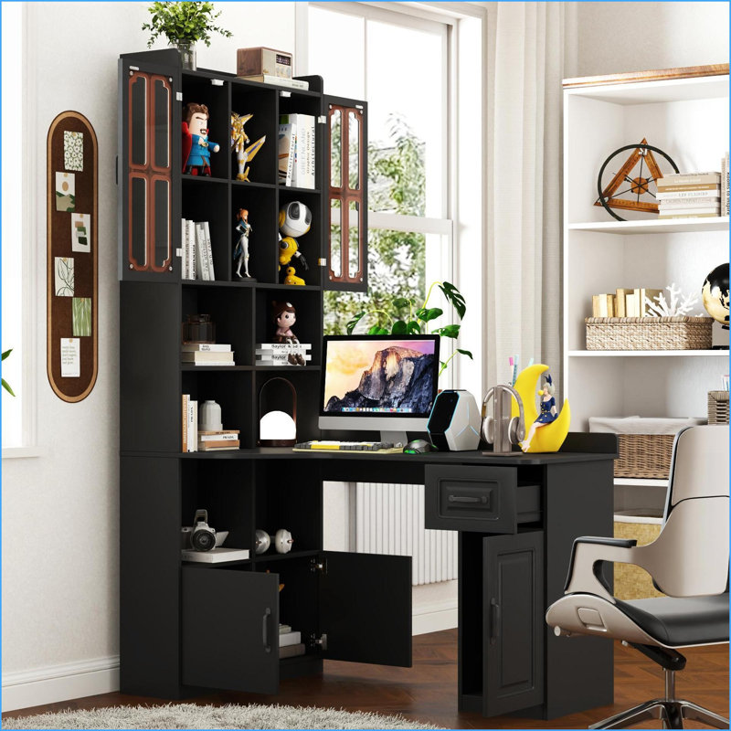 Bureaux | Bureau d'ordinateur de coin moderne en L pour bureau à domicile, 2 en 1 avec rangement, tiroirs | Noir | Panneau de particules et panneau de fibres à densité moyenne