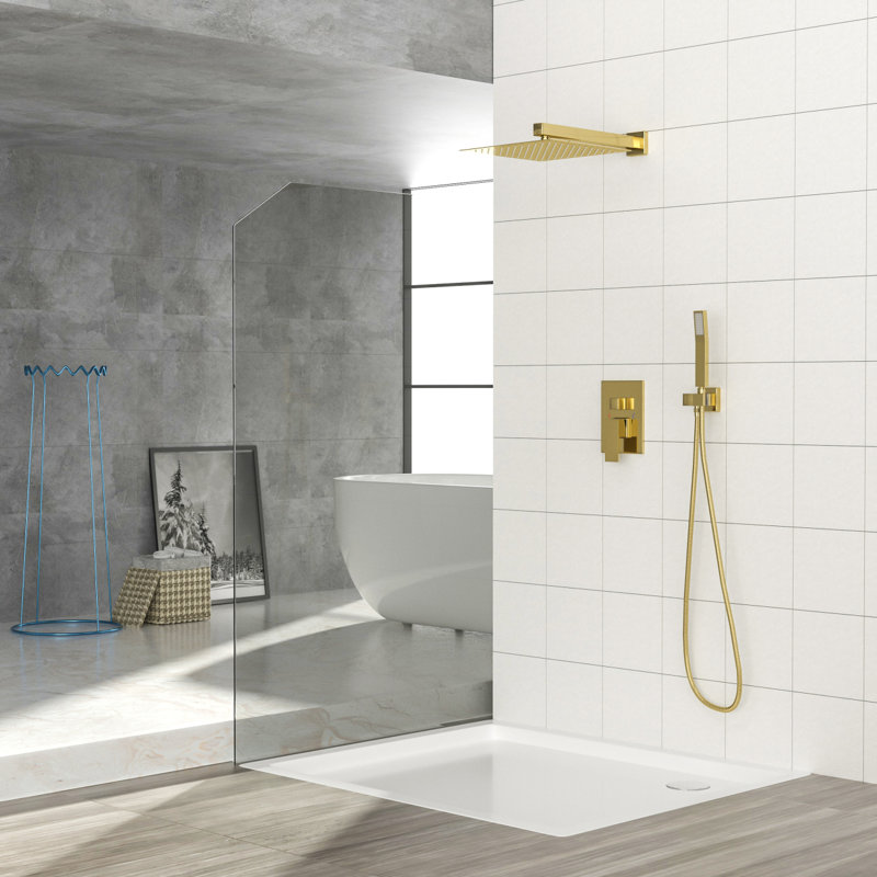Dual Shower Head - 12 Inch Wall Mounted Square Shower System With Rough-In Valve, Gold
