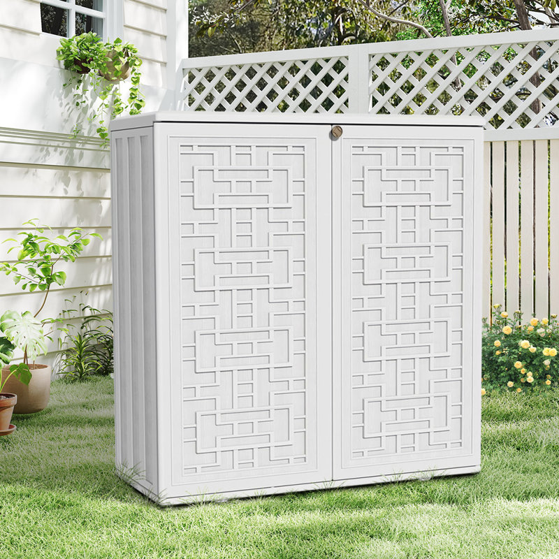 Outdoor 34.3"W x 36.2"H Plastic Vertical Storage Shed With One Shelf, Off-White